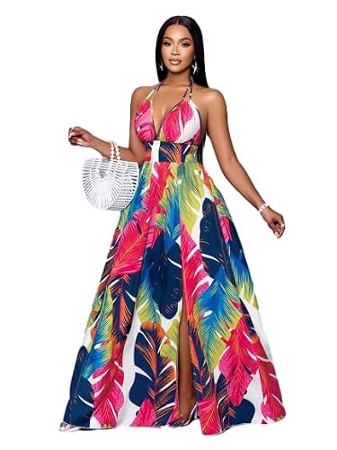Womens Summer Boho Floral Halter V Neck Flowy Elegant Maxi Dress HotPink M