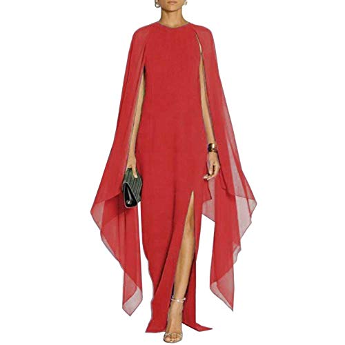 MAYFASEY Women's Elegant High Split Crepe Flared Sleeve Formal Evening Long Maxi Dresses Red XXL