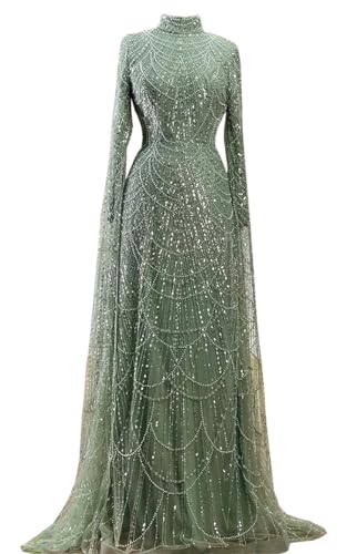 Ikerenwedding Luxury Long Sleeve Glitter Sequin Beaded Pearls Prom Dress