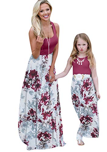 WIWIQS Causal Maxi Tank Dress for Women Beach Long Sleeveless Floral Boho Dress Wine Red Flower M