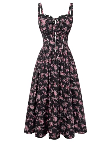 Women Floral Corset Dress Summer Milkmaid Sundress Black Pink Floral XL