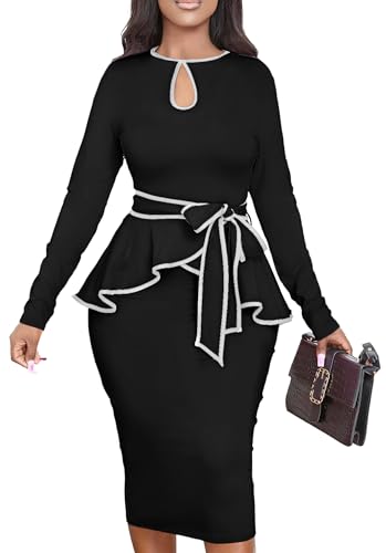 Women Dress Elegant Peplum Business Dresses Sexy Split Long Sleeve Bodycon Knee Length Formal Pencil Back Zipper Dress(Black,XL)