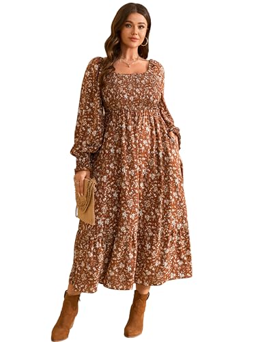 Maxi Dresses for Women Plus Size Fall Wedding Guest Dress Brown Floral L