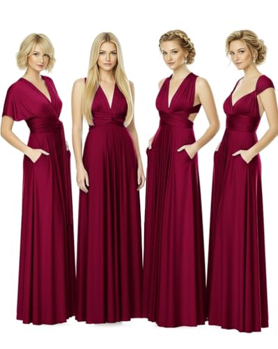 Infinity Bridesmaid Dress with Pockets & Bandeau – Convertible Multiway Maxi Wrap Dress, Formal Wedding Gown for Women & Plus Size (Burgundy, One Size)