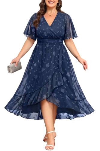 Pinup Fashion Navy Plus Size Wedding Guest Cocktail High Low Midi Dress | Floral jacquard polyester fabric, wrap V neck, short split flutter sleeves, ruffled asymmetrical hem, elegant semi formal