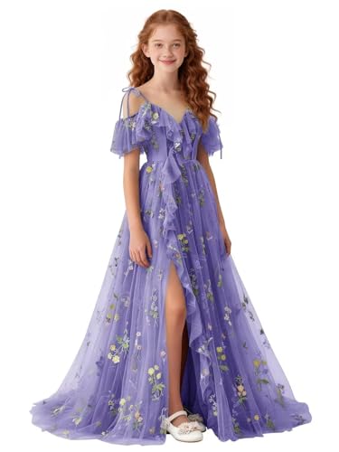 Tianzhihe Floral Embroidered Tulle Flower Girls Dress Off Shoulder Bridesmaid Dresses for Teens Long Lavender V Neck 2026 US5