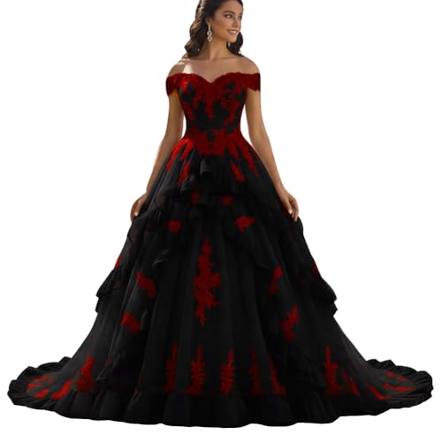 Lemai Off The Shoulder Black Lace Gothic Wedding Dress with Ruffles for Women Long Princess Ball Gown Prom Quinceanera Dress Black Red 2
