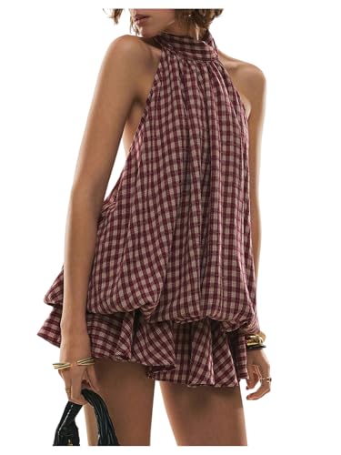 SOLY HUX Women's Plaid Halter Mini Dress Ruffle Bubble Hem Going Out Dress