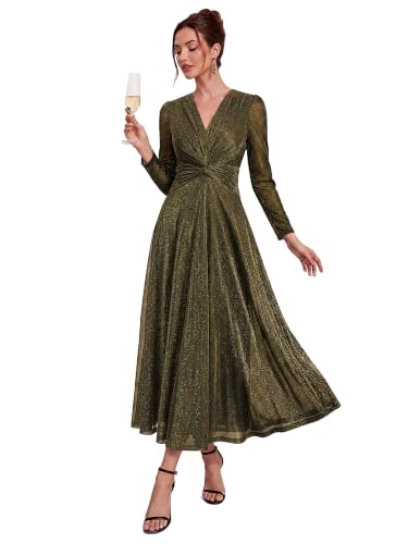 Ever-Pretty Women's Fall Formal Dresses Long Sleeves Midi Cocktail Dress | Lurex Mesh, Evening Gown, V-Neck, Evening Dress, Stretchy, A-Line, Gold, US8