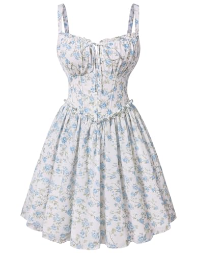 Summer Corset Dress for Women 2026 Floral Mini Sundress Blue Flower-A L