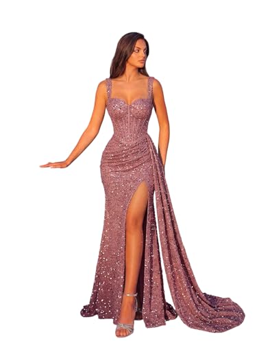 PHIRIZLE Women's Sequin Corset Mermaid Prom Dress - Sweetheart Neck High Slit Evening Gown with Lace-Up Back for Formal Party Dusty Rose