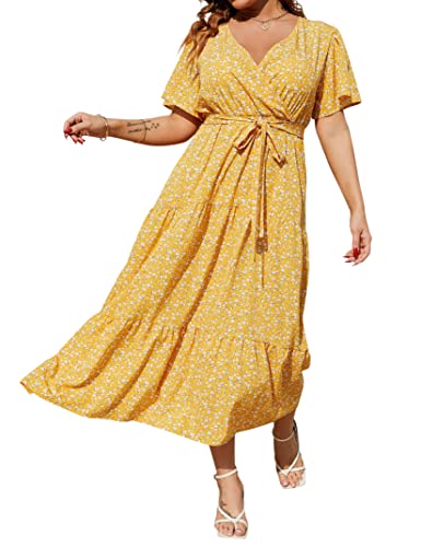 KOJOOIN Women Plus Size V Neck Wrap Maxi Dress Short Sleeves High Waist Ruffle Summer Casual Dress with Belt Yellow Flower 2XL