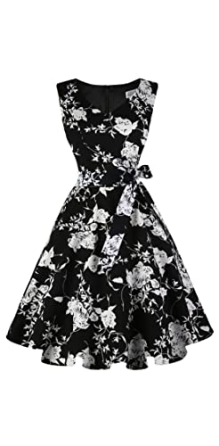 Dressever Women's 50s 60s Vintage Sleeveless Dress Black White Flower L