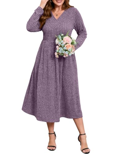 BELAROI Plus Size Women V-Neck Sweater Dress with Pockets, Deep Purple, 4X