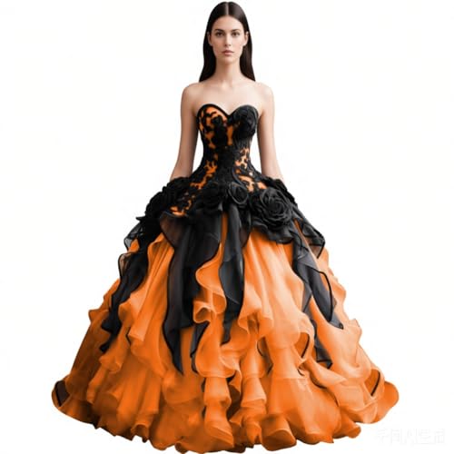 Sweetheart 3D Flower Gothic Quinceanera Ball Gown Dress Ruffles Orange 2