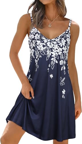 Womens Summer Dresses Spaghetti Strap Beach Sundress, Navy White Flower, L