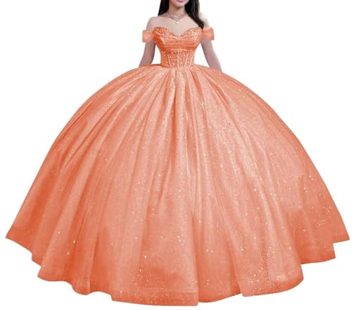 Women's Glitter Tulle Quinceanera Dresses Off Shoulder Puffy Ball Gown Beaded Prom Dress for Sweet 15 16 Coral US4