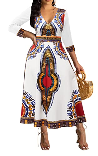 African Dress for Women Print Maxi Dress Sexy V Neck Dashiki Party Dresses Elegant Bohemian Long Sleeve Prom Attire Flowy Cocktail Tropical Vintage Outfits