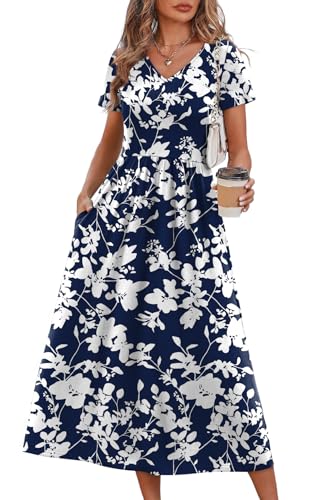 Floral Dress for Women Midi Dress Summer Dresses for Women Flowy Short Sleeve V Neck A Line Spring Beach Vacation Casual Dresses Maxi Sundresses for Women Navy White M