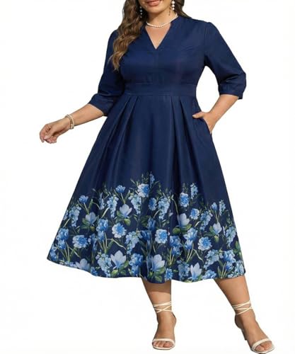 RITERA Plus Size 3/4 Sleeve Midi Dress for Curvy Women, Navy Floral 3XL
