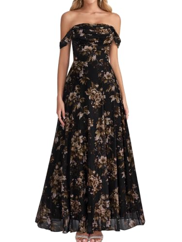 EYNMIN Women's Off Shoulder Flowy Maxi Long Formal Wedding Guest Dresses