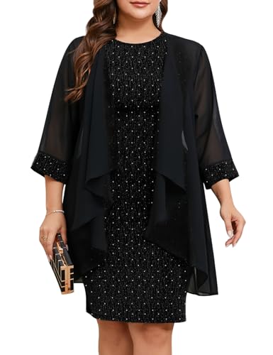 ZOMVA Plus Size Sparkly Formal Dress Suit 2 Piece Mother of the Bride Groom Chiffon Jacket Outfit Cocktail Evening, Black, 4X