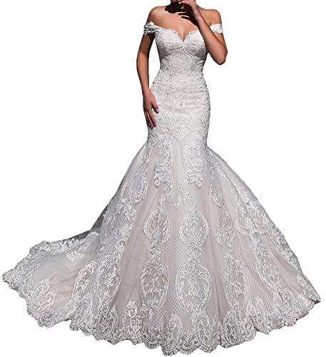 Fenghauvip Mermaid Wedding Dress Off The Shoulder Bride Dress Lace Up Back Long Train White
