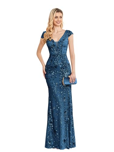Womens Sequined Long Evening Gown Glamous Sleeveless V-Neck Mermaid Prom Dress for Wedding Party Club Occasions Teal XL