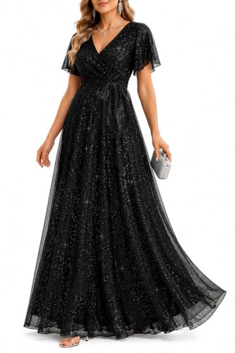 Pinup Fashion Black Formal Dresses for Women Evening Gowns Gala Prom Long Wedding Guest Elegant Sequin Sparkly Maxi Dress with Sleeves