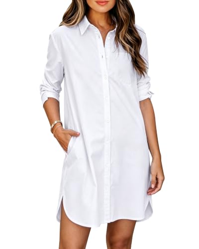 Aoudery Women Business Button Down Shirt Dresses with Pockets Casual High Low Dress - A_a White M