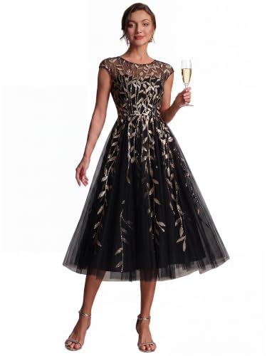 Ever-Pretty Women's Sequin Tulle Midi Formal Dresses Wedding Guest Dress