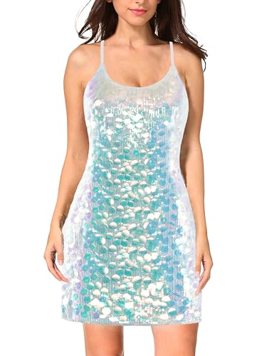 MANER Women's Glitter Contrast Sequin Dress Adjustable Spaghetti Strap Sparkle Party Coin Dresses (Big White With Rainbow, Medium)