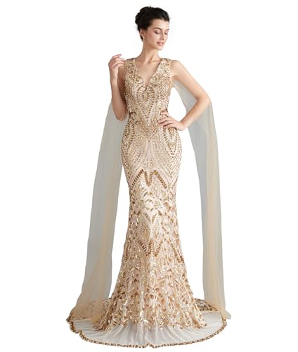 Ikerenwedding Sparkly Sequin Prom Gown Celebrity Gala Pageant Mermaid Evening Dress with Sheer Sleeves Gold US14