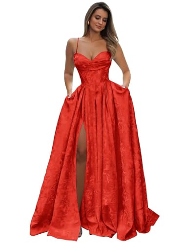 Spaghetti Straps Embroiderd Satin Prom Dresses 2026 for Teens with Pockets | Side Split Evening Party Ball Gowns Red A-Line Corset Gergeous Long Bridesmaid Guest Formal Dress Size 16