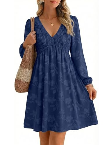 BerryGo Womens Long Sleeve Flowy Fall Wedding Guest Mini Dress with Pocket | Empire Waist, A Line V Neck Swing Babydoll, Weatern Country Casual, Holiday Party, Smocked Short Dress, Bridal Shower
