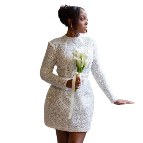 YiMinpwp Beaded Mini Courthouse Wedding Dresses for Bride Africa ASO EBI Pearl Sequin Bridal Dress 2026 Short Civil Long Sleeve Lace Bridal Gown Ivory Size 0