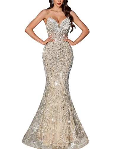 VOUIAO Women Beaded Prom Dresses Sequin Formal Evening Gown Beige M