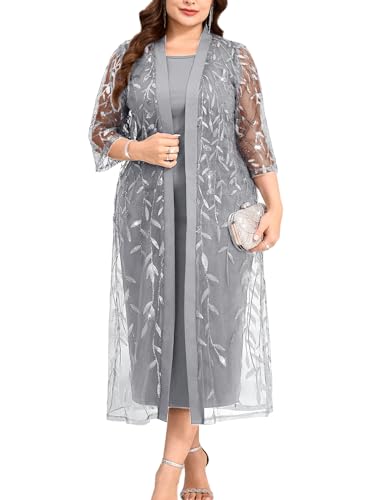 Sassique Plus Size 2 Piece Dress Suit with Sequin Sheer Cardigan Formal Wedding Guest Evening Mother of the Bride Outfit, Silver, 3X
