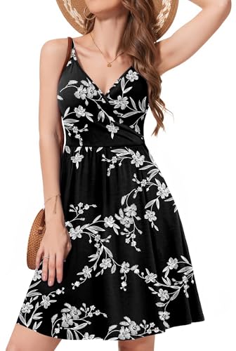 WEACZZY Summer Dresses for Women 2026 Sexy V Neck Floral Sun Dresses Casual A Line Flowy Beach Mini Dress with Pockets, Flower Black, S