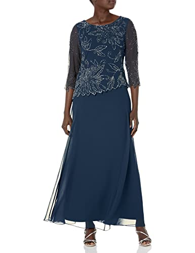 J Kara Women's 3/4 Floral Beaded Pop Over Gown Dress, Navy/Luster/Grey, 12