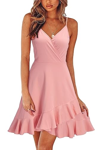ULTRANICE Pink Dress Womens Spring Summer Trendy Casual Wrap Flowy V-Neck Hawaiian Spaghetti Outfits Clothes Girls Beach Party Wedding Guest Semi Formal Graduation Midi Sun Dresses(Pink,XXL)