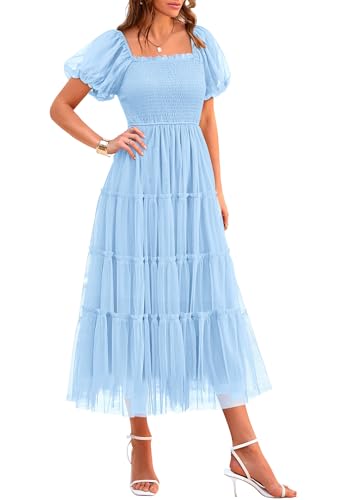 PRETTYGARDEN Women's Summer Smocked Midi Tulle Dress, Light Blue,S | Lightweight Flowy Mesh, Puffy Short Sleeves, Square Neck, Elegant Dresses for Wedding Guest, Homecoming Party & Baby Shower