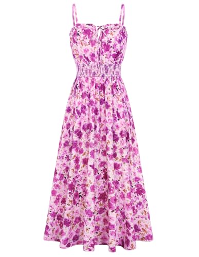 GRACE KARIN 2026 Women's Hawaiian Midi Sundress Summer Vacation Spaghetti Floral Clothes Boho Casual Dresses with Pockets Purple Floral S