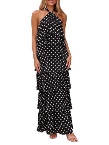 Women's Boho Polka Dot Halter Wedding Guest Long Flowy Dresses, Black S