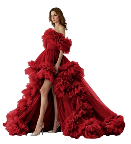 2026 Puffy Tulle Prom Dress with Fluffy Ruffles Women's Formal Ball Gowns with Train High Low Flying Dress with Tail for Photoshoot Wine-red