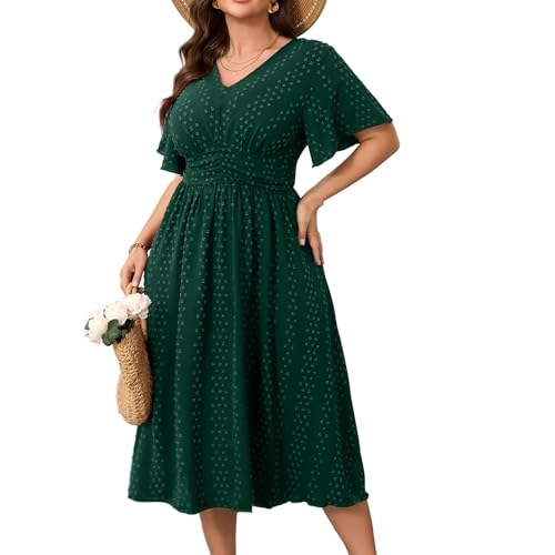 RWJ Women's Plus Size Maxi Dress Flutter Casual V Neck Swiss Dot Green XXL
