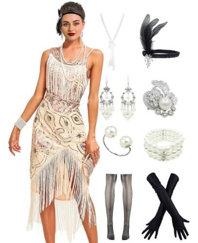 YENMILL Peacock-inspired 1920s Gatsby Beaded Flapper Sling Dress Womens Vintage Cocktail Dress W/Complete Accessories Set (Beige, Medium)