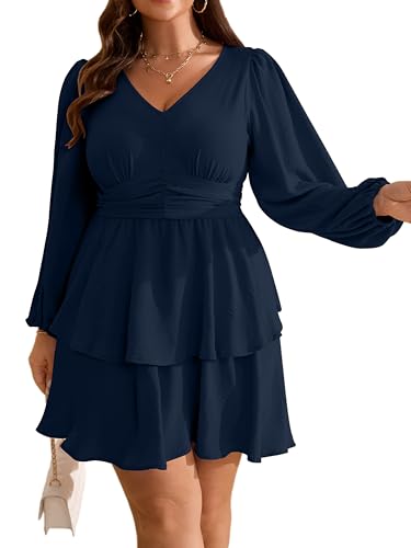RWJ Plus Size Dresses for Curvy Women Fall Wedding Guest Mini Navy Blue XL | V Neck, Long Sleeve, Business Casual, Homecoming, Party, Work, Banquet, Special Event, Date, Night Out, Prom, Semi Formal