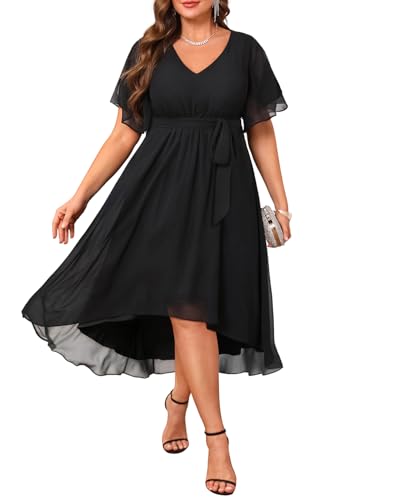Plus Size Dresses Wedding Guest Black Formal Chiffon Sleeve High Low Dress