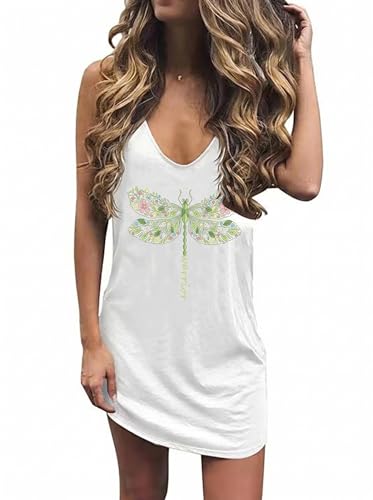Live Simple Coconut Tree Sleeveless Dress Sunshine Sand Beach Women's Summer Casual V Neck Mini Dress(Medium,White-07)